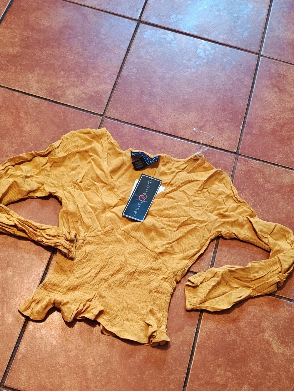 Polly & Esther Mustard Yellow Long Sleeve Ruffled Waist Crop Top